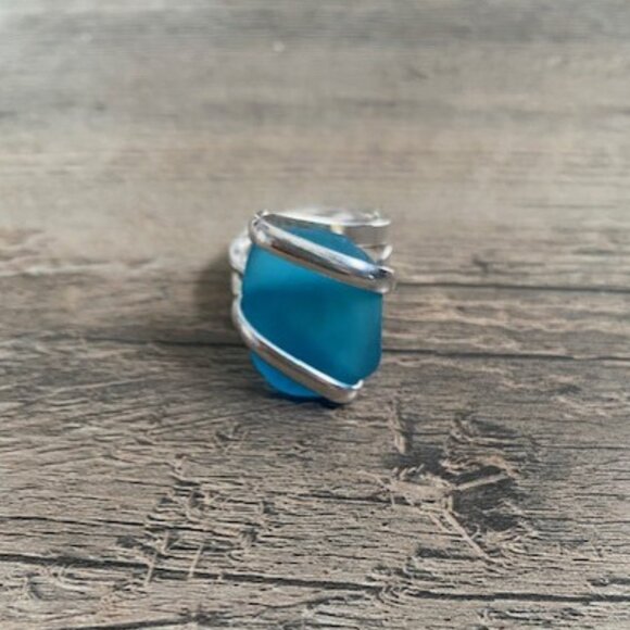Azure Blue Beach Sea Glass Adjustable Silver RIng Sz 7 - Picture 5 of 10
